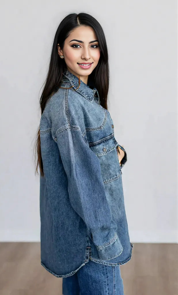 Snap Down Dropped Shoulder Denim Jacket Dark Blue