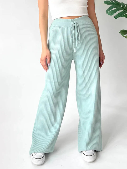 Ribbed Wide Leg Sweater Pants Mint Blue