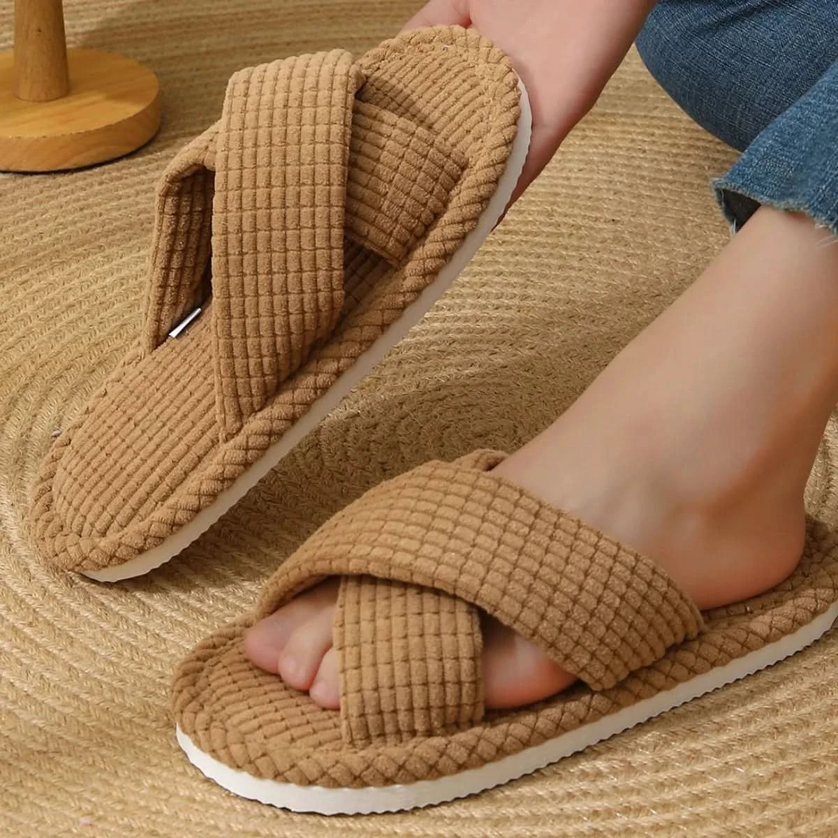 Open Toe Flats Slippers Brown
