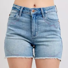 Judy Blue Full Size High Waist Western Embroidery Detail Cut Off Denim Shorts