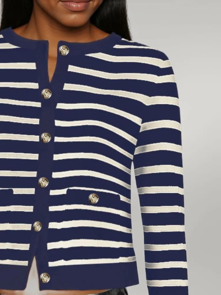 Striped Round Neck Button Up Long Sleeve Cardigan