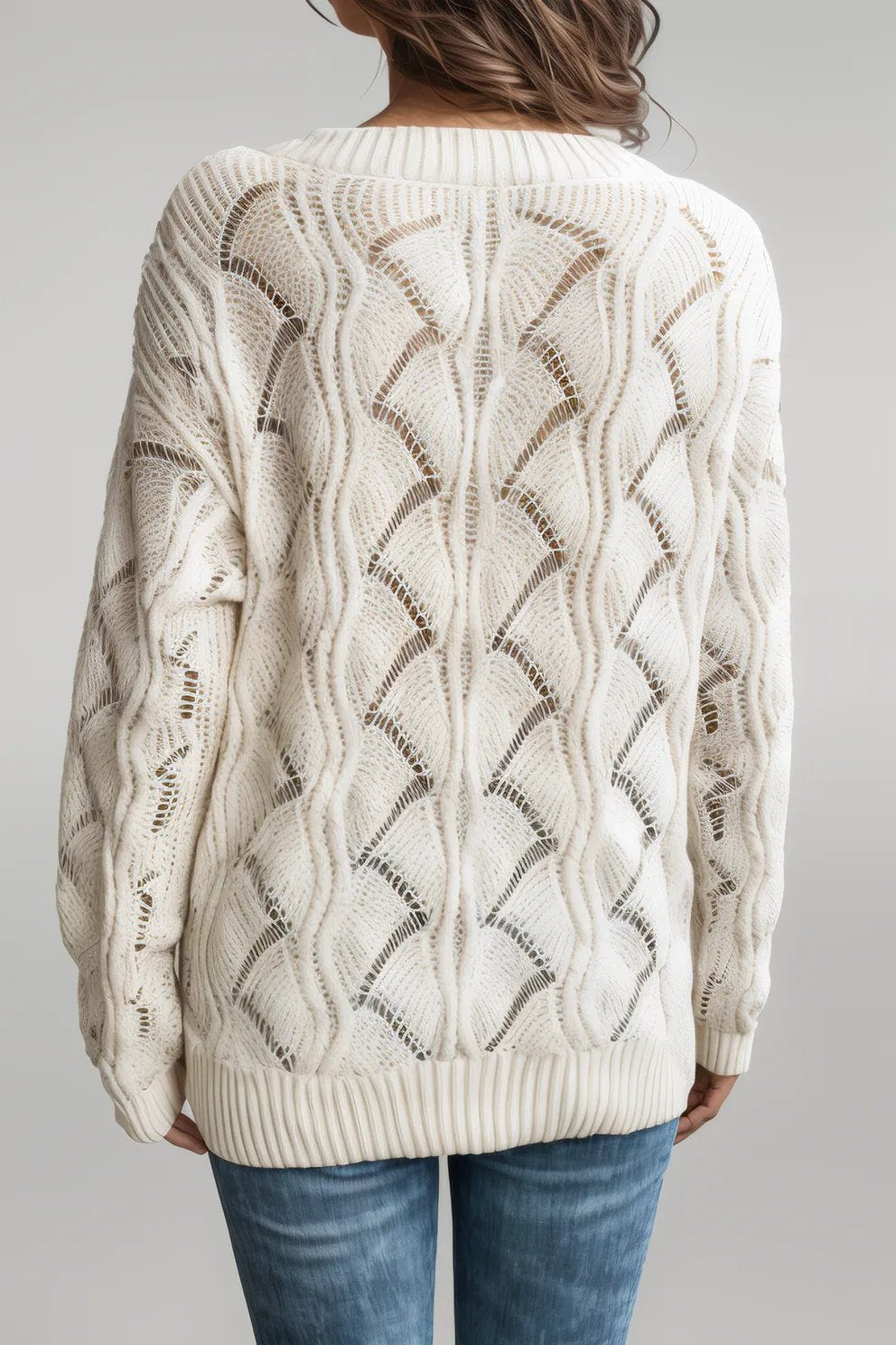 Mint Green Hollow Out Knit V Neck Drop Shoulder Sweater