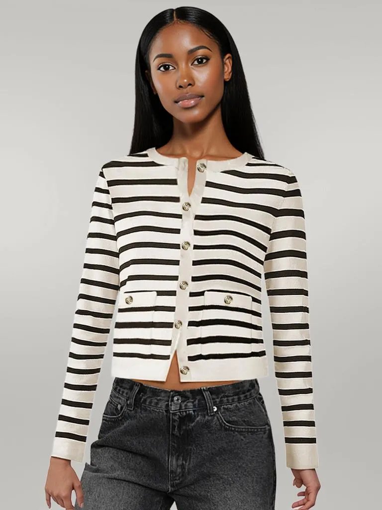 Striped Round Neck Button Up Long Sleeve Cardigan White