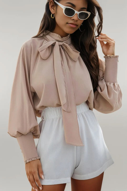 Khaki Frilled Knotted Mock Neck Bishop Sleeve Blouse Khaki 100%Polyester