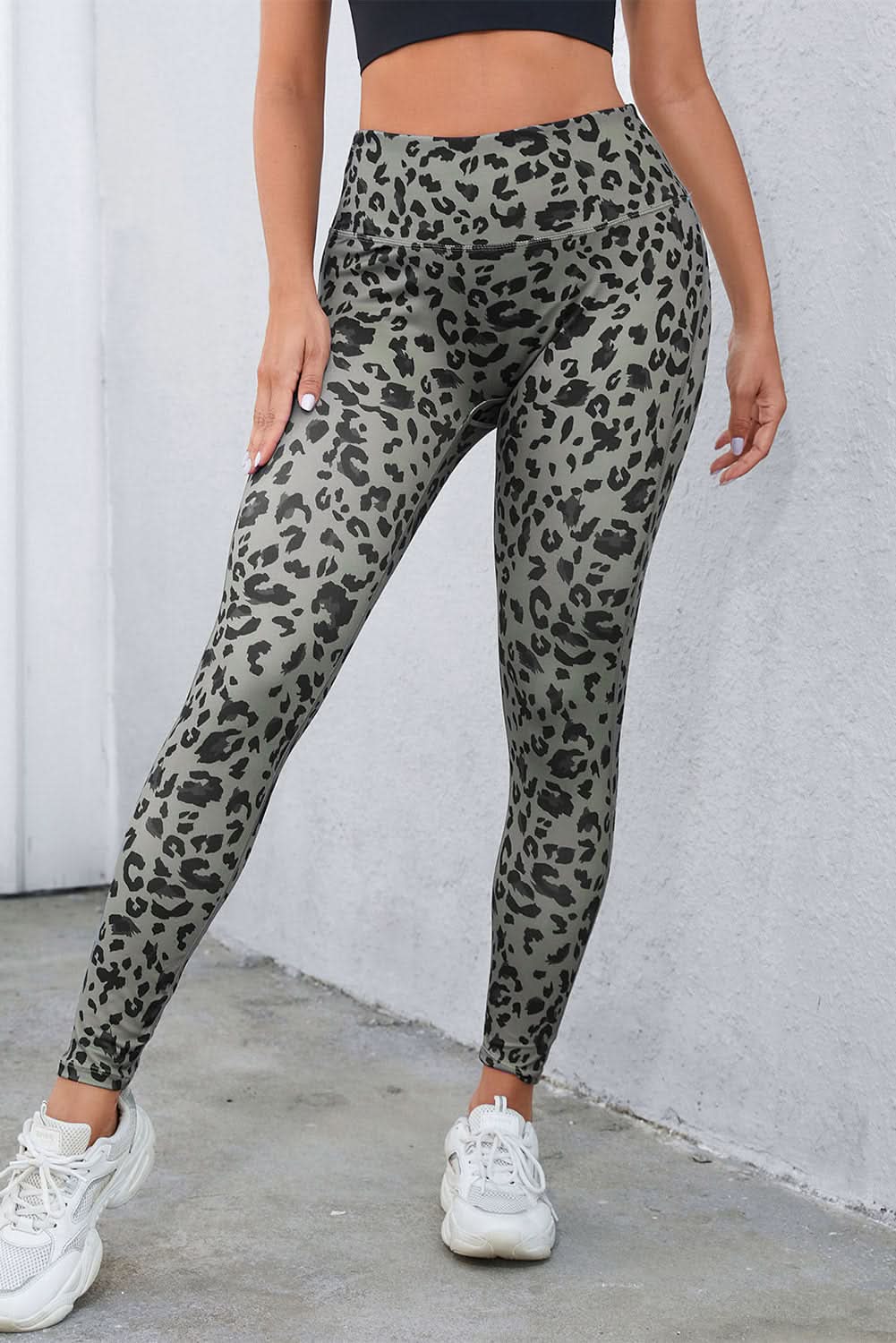 Leopard Print Wide Waistband Leggings Dark Gray