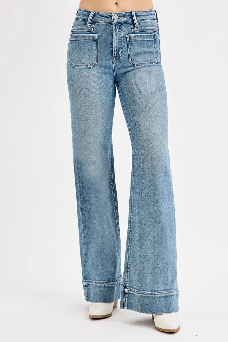 RISEN Full Size High Rise Wide Flare Patch Pocket Jeans