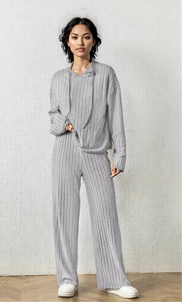 Ribbed Drawstring Hoodie and Pants Set Light Gray