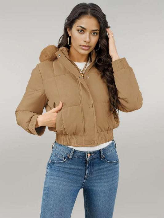 Pocketed Long Sleeve Cropped Hooded Winter Coat Camel