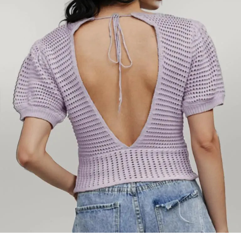 Openwork V-Neck Short Sleeve Knit Top