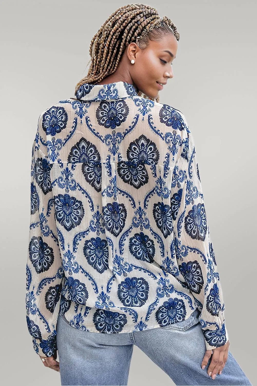 Blue Tribal Pattern Buttoned Front Loose Shirt