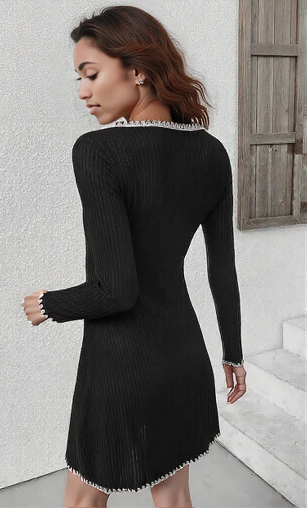 Contrast Trim Texture Long Sleeve Sweater Dress