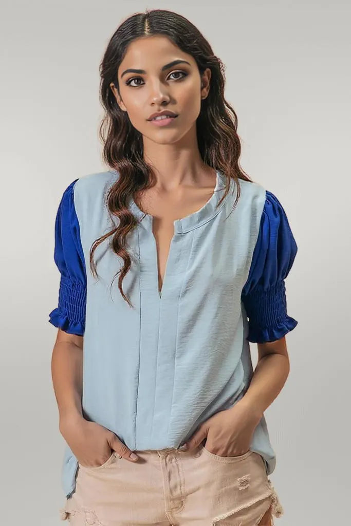 BiBi Air Flow Color Block Puff Sleeves V Neck Top