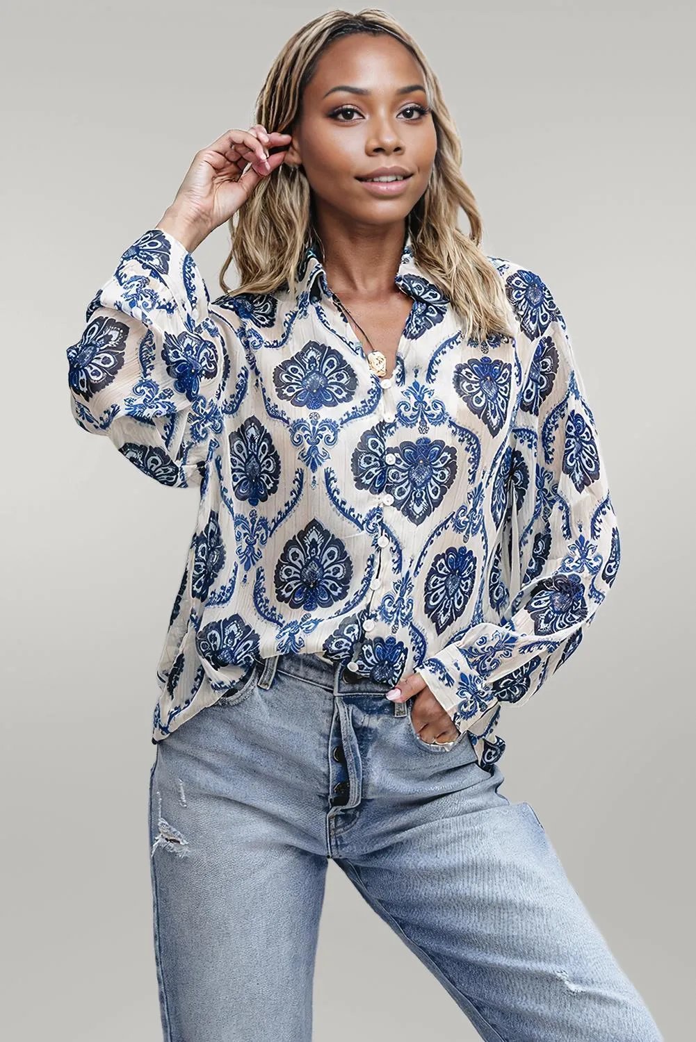 Blue Tribal Pattern Buttoned Front Loose Shirt