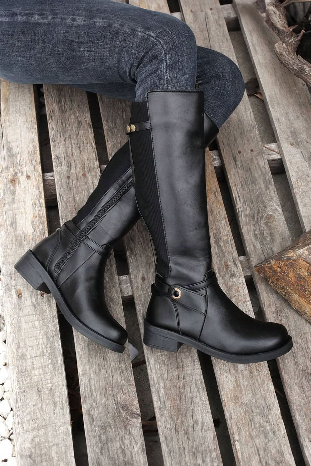 Black Side Zipper Knee High Chunky Low Heel Boots Black