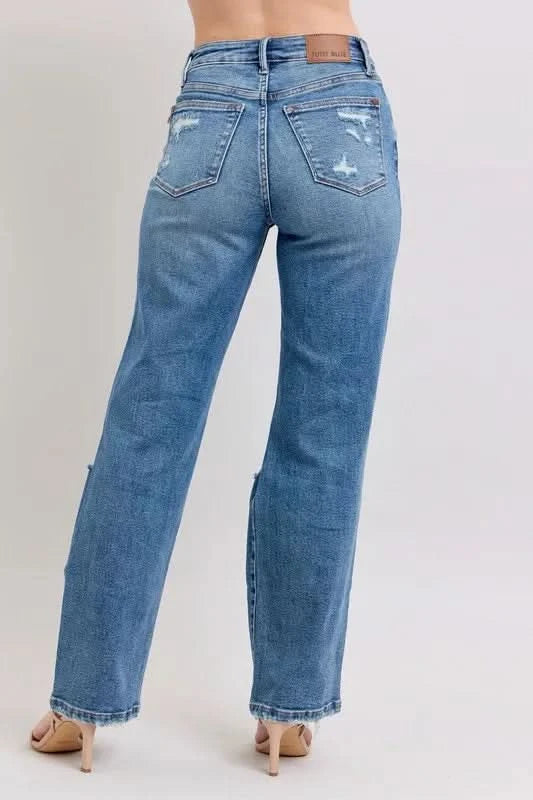 Judy Blue Full Size High Waist Heavy Destroy Straight Jeans MD