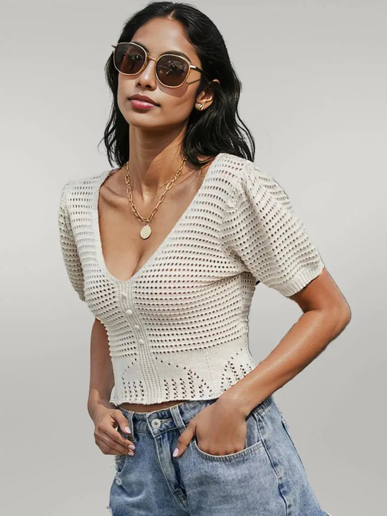 Openwork V-Neck Short Sleeve Knit Top Cream