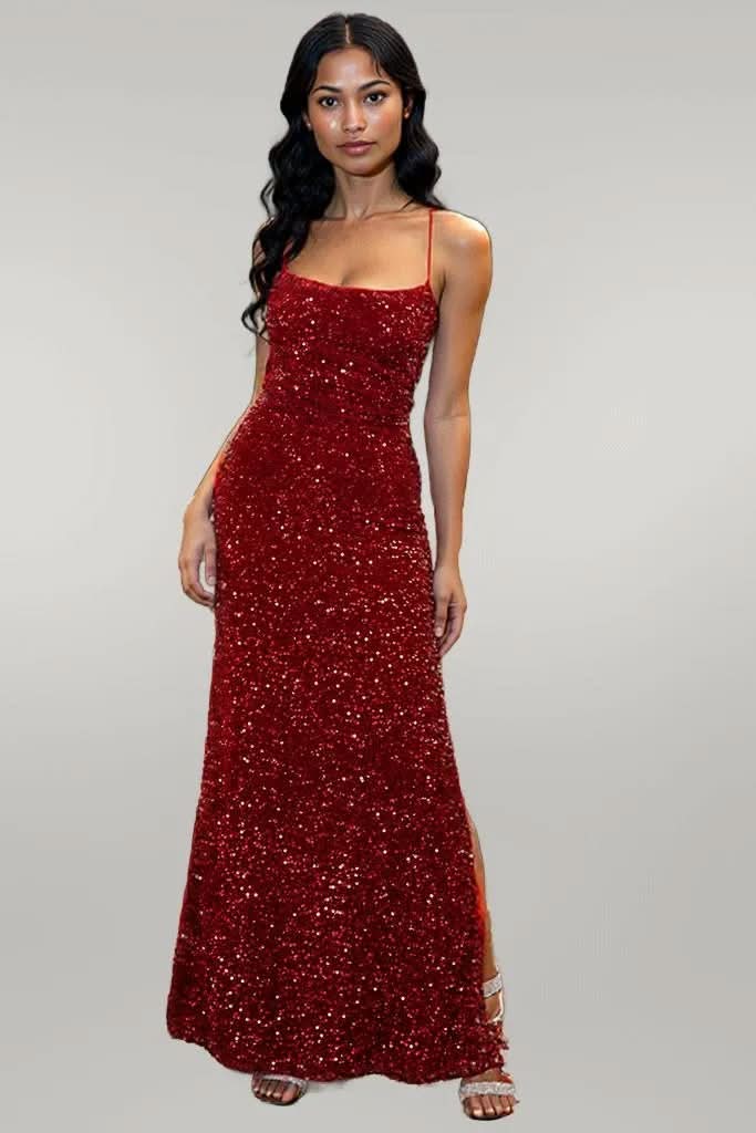 Sequin Backless Split Maxi Dress Wine