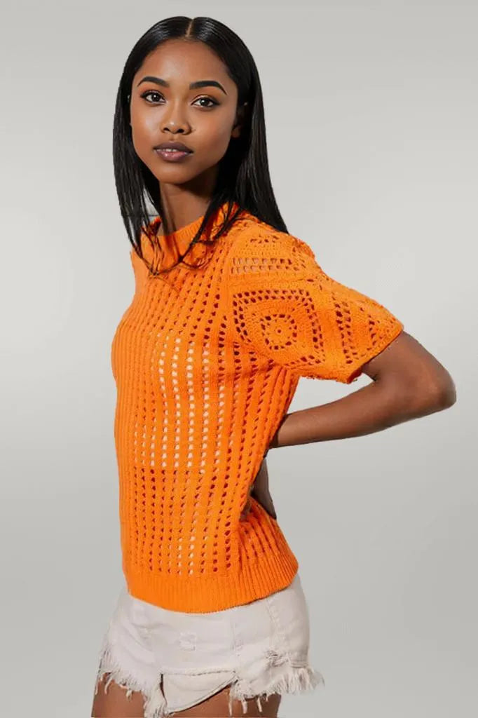 BiBi Crochet Knit Cover Up With Puff Sleeves