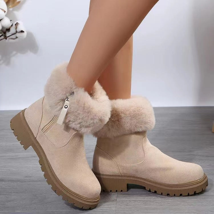 Suede Faux Fur Boots with Side Zipper Beige