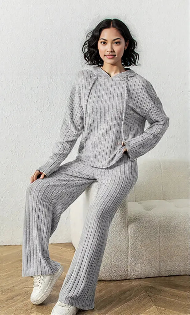 Ribbed Drawstring Hoodie and Pants Set