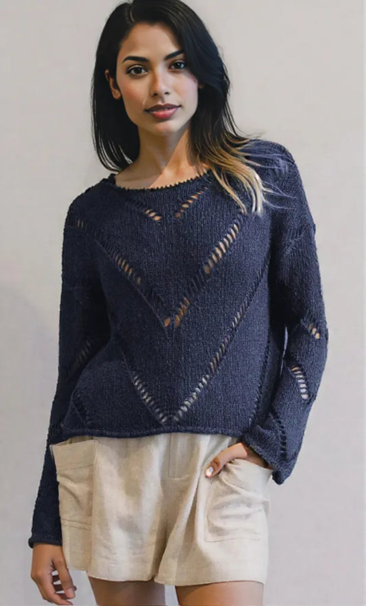 Openwork Boat Neck Long Sleeve Sweater