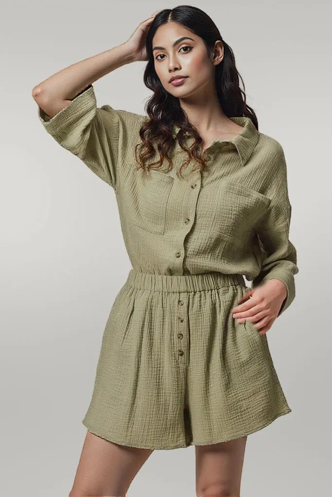 BiBi Crinkle Gauze Shirt and Short Set SAGE