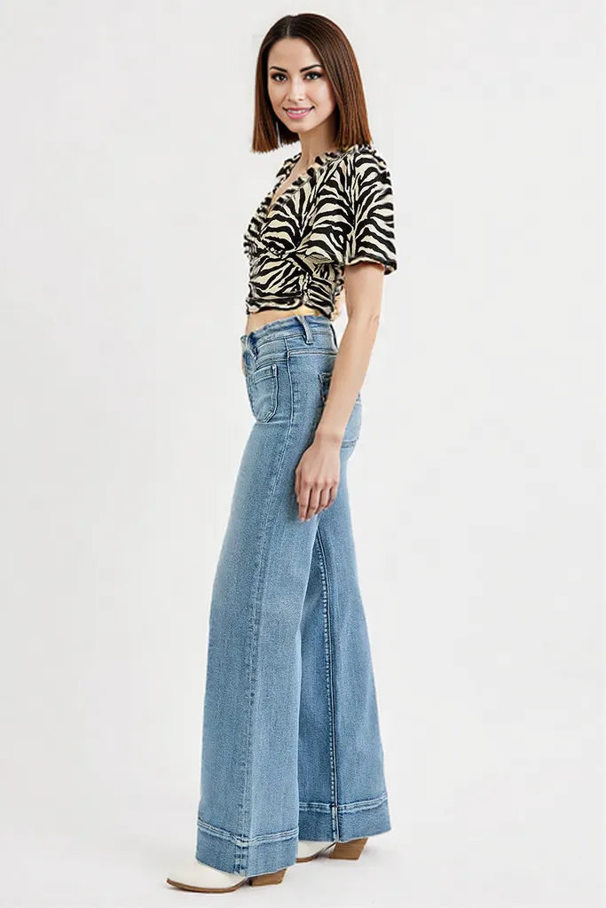RISEN Full Size High Rise Wide Flare Patch Pocket Jeans