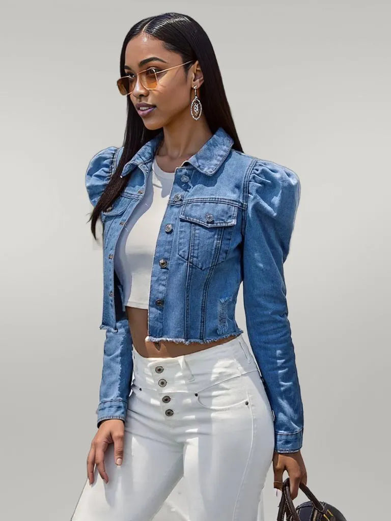 Button Down Raw Hem Cropped Denim Jacket