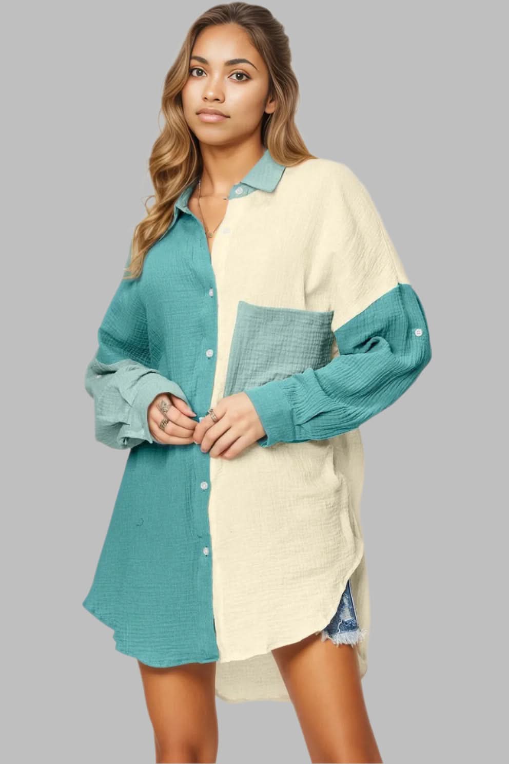 Double Take Full Size Pocketed Texture Button Up Shirt
