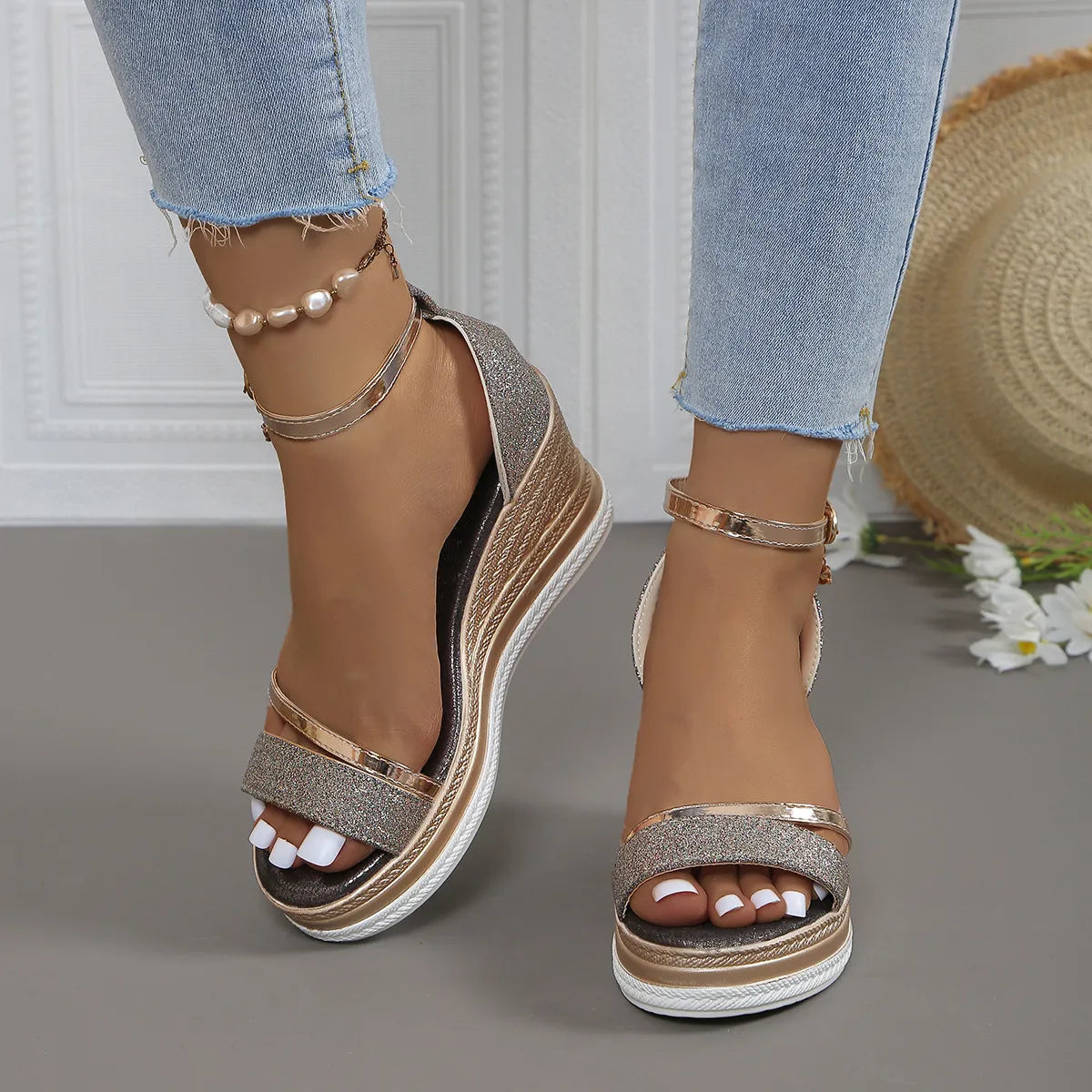 Glitter Platform Wedge Sandals with Ankle Strap Rose Gold