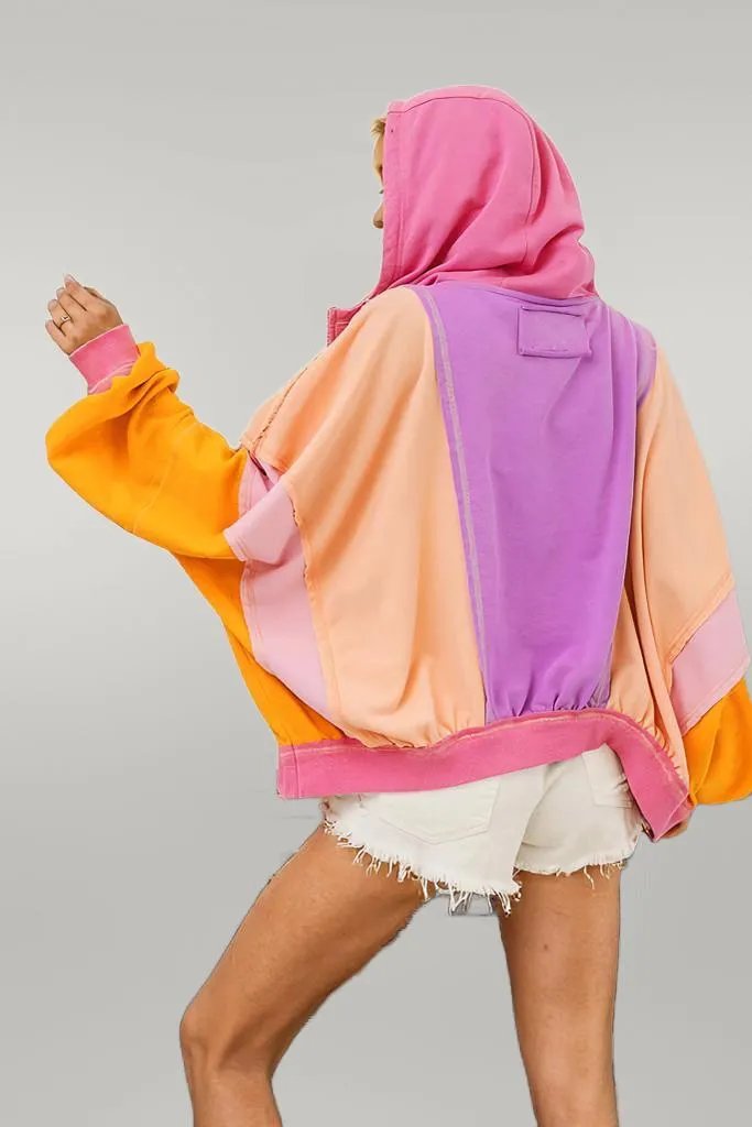 Double Take Full Size Color Block Zip Up Hoodie
