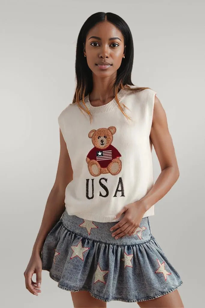 SO ME Teddy Bear Wearing An American Flag With Usa Embroidered Sweater Vest