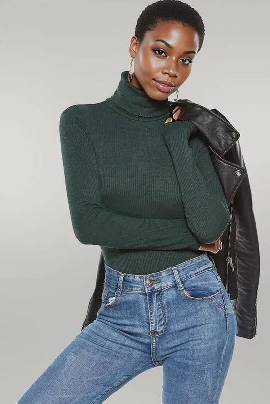 Ribbed Turtleneck Long Sleeve Bodysuit Dark Green
