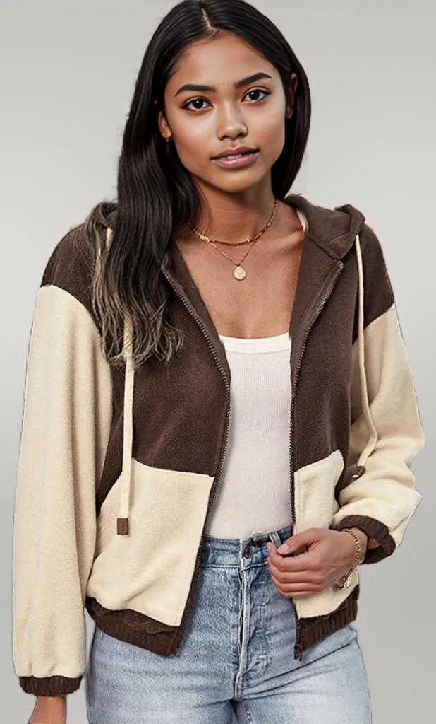 Perfee Two-Tone Zip-Up Dropped Shoulder Hooded Jacket