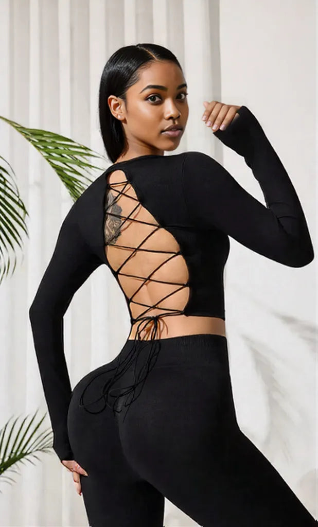 Lace-Up Back Round Neck Top and Leggings Active Set