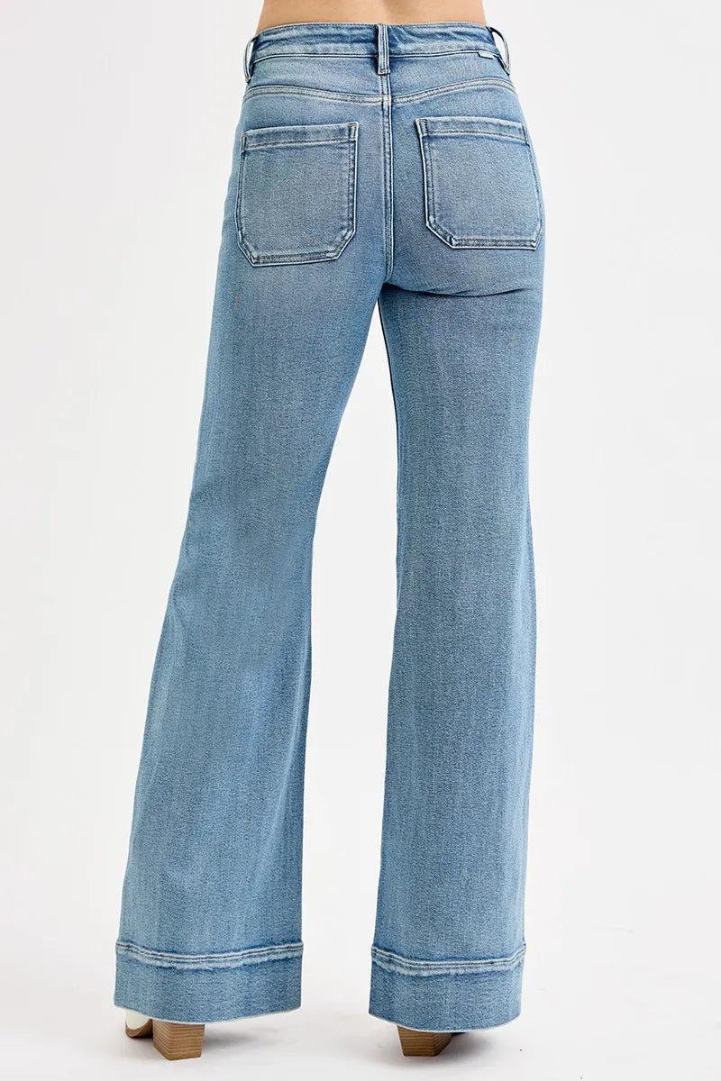 RISEN Full Size High Rise Wide Flare Patch Pocket Jeans