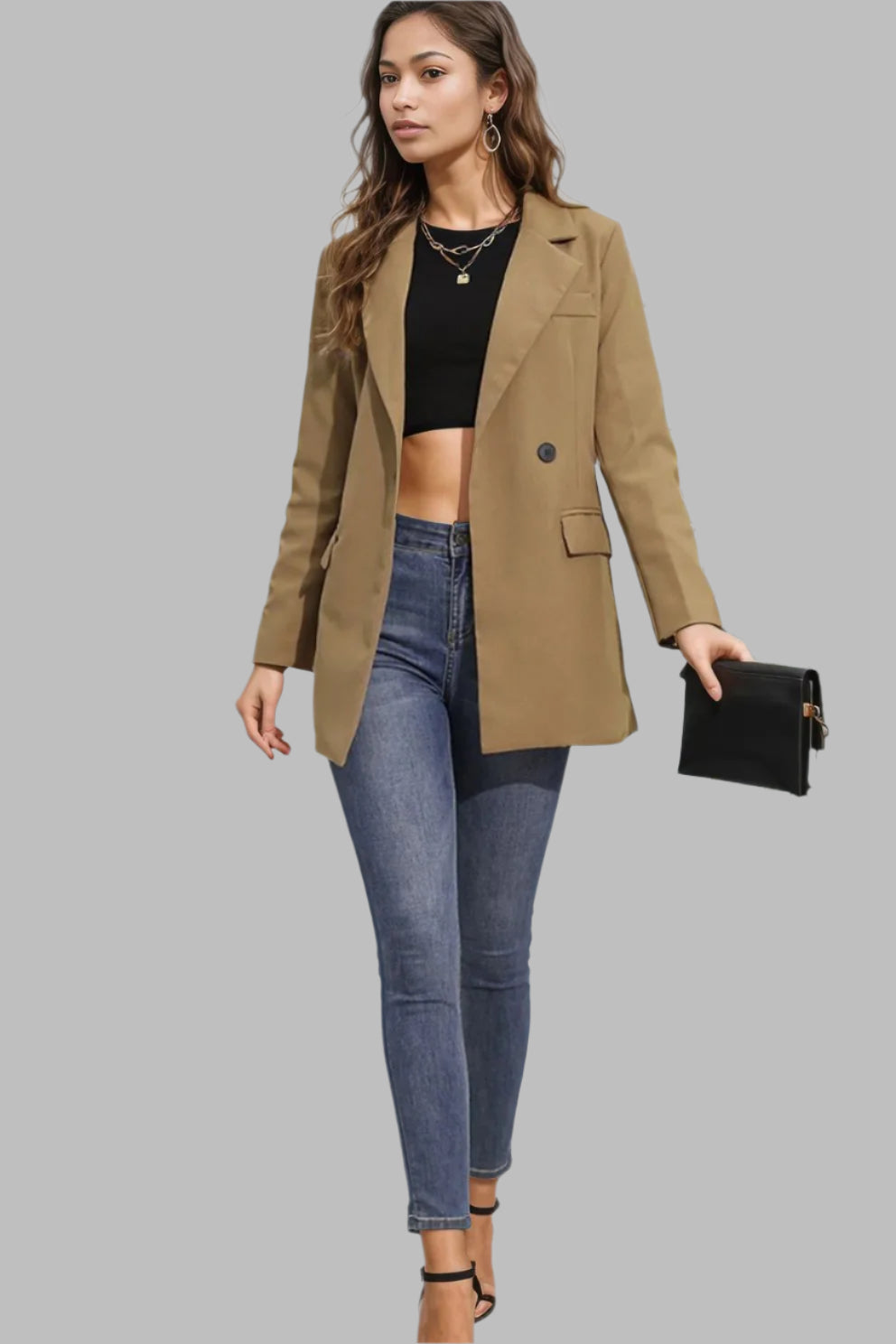 Lapel Neck Long Sleeve Blazer with Pockets
