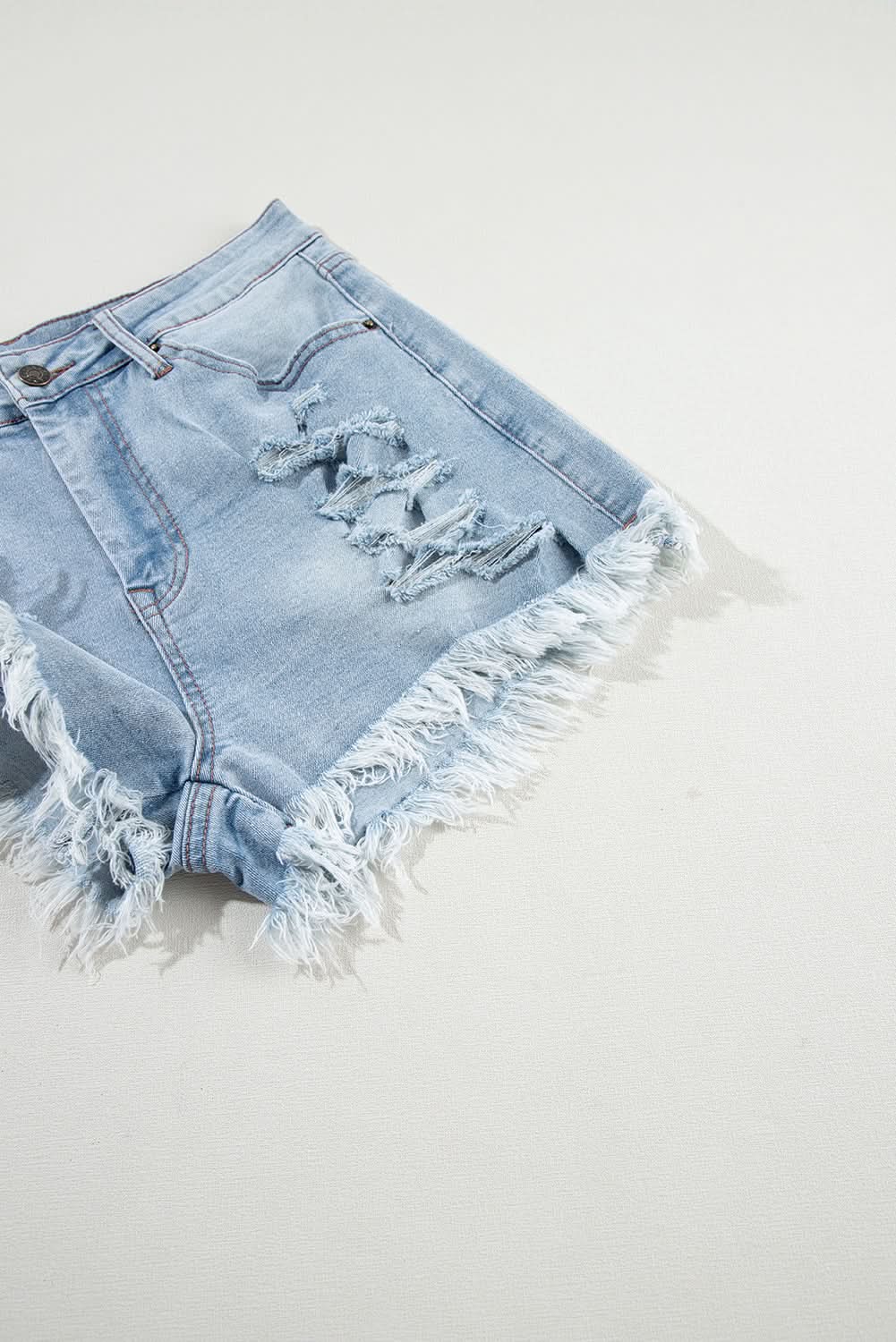 Light Blue Distressed Ripped Raw Hem High Waist Denim Shorts Light Blue 55%Cotton+42%Viscose+3%Elastane