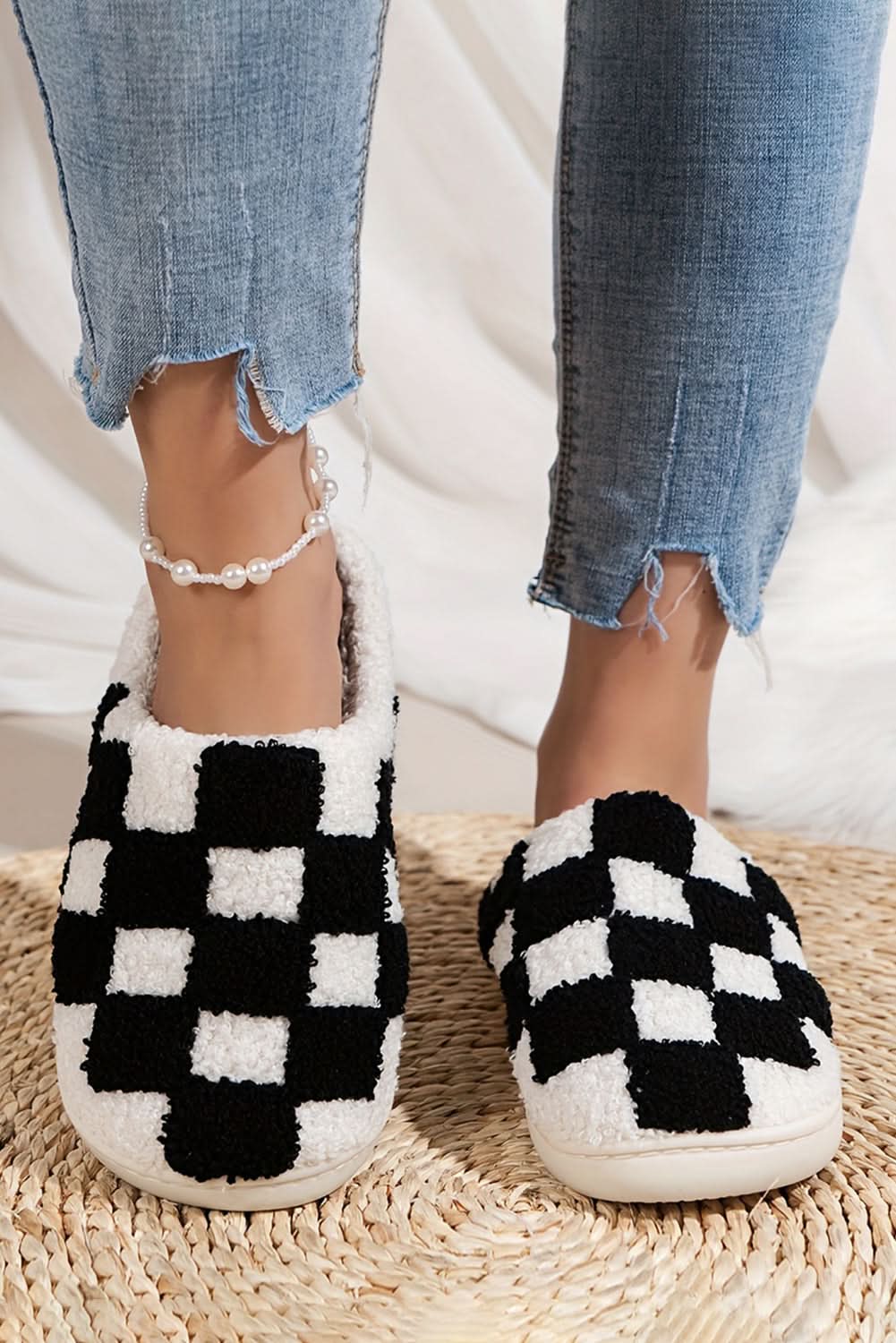Black Checkered Print Fuzzy Slip On Winter Slippers Black