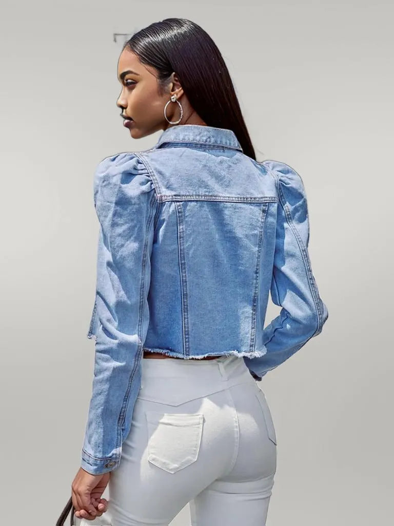 Button Down Raw Hem Cropped Denim Jacket