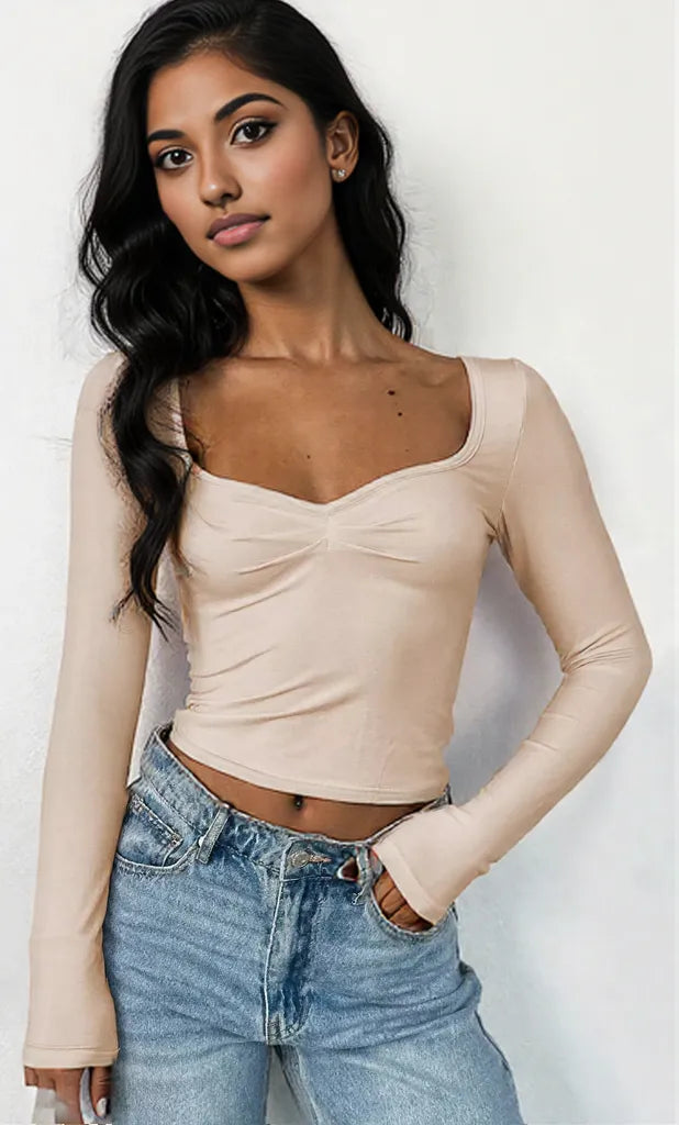 Long Sleeve Sweetheart Neck Crop T-Shirt Dust Storm