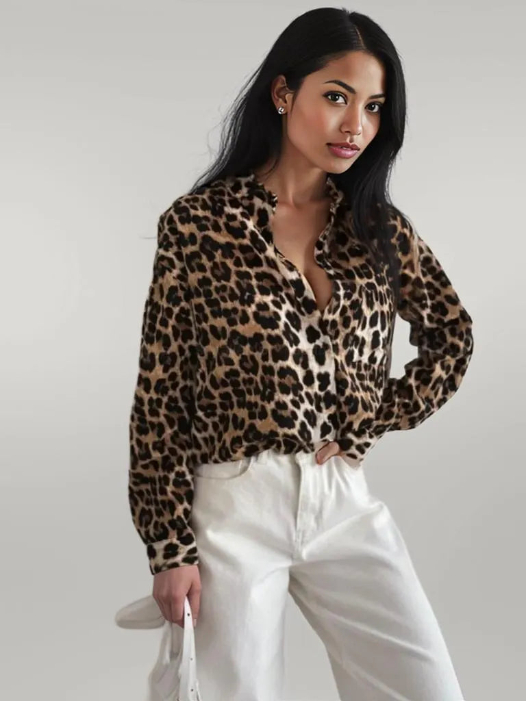 Leopard Collared Neck Long Sleeve Shirt