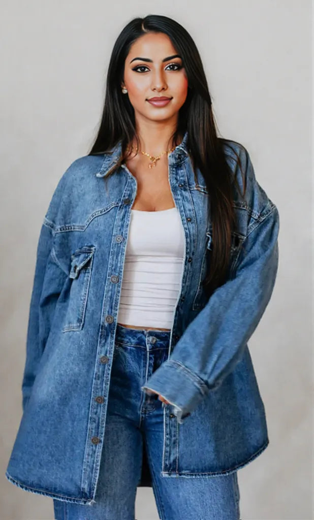 Snap Down Dropped Shoulder Denim Jacket Dark Blue
