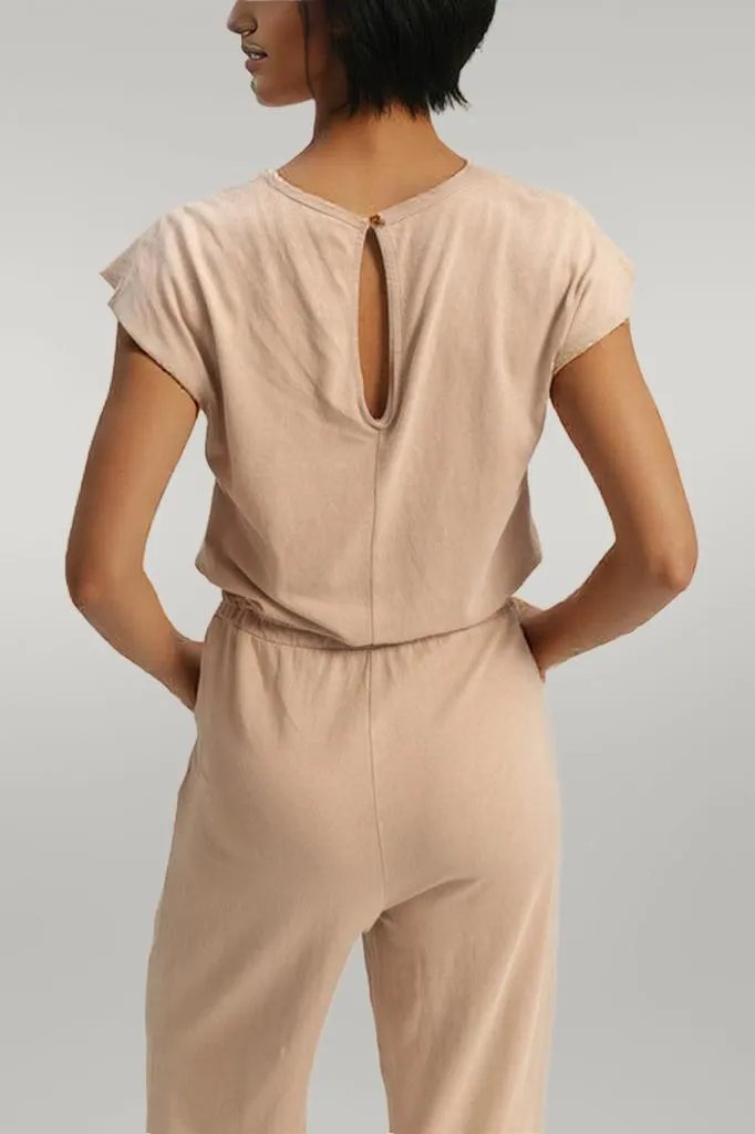 HYFVE Back Keyhole Round Neck Cap Sleeve Drawstring Jumpsuit