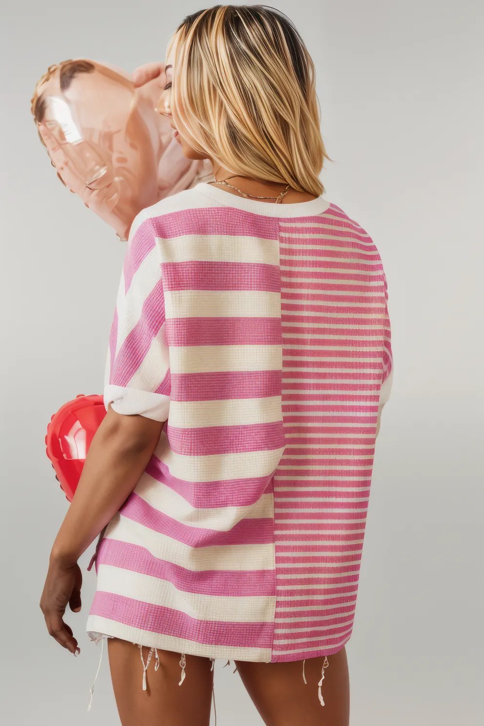 Pink Stripe Patchwork Textured Short Sleeve High Low Loose Top