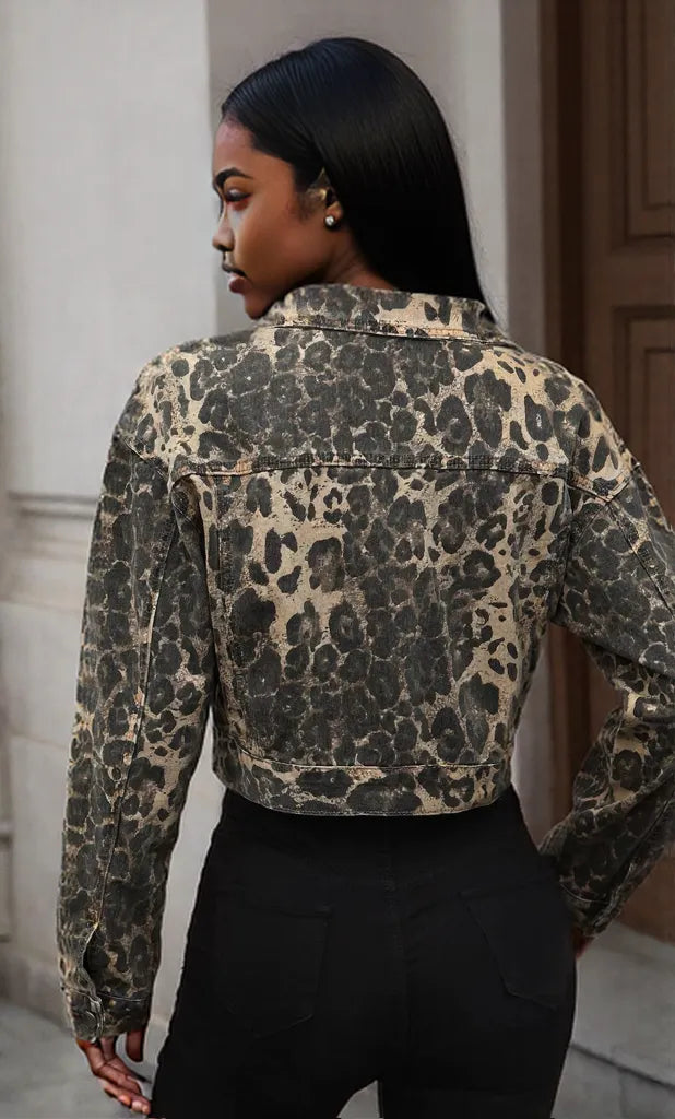 Leopard Button Up Cropped Denim Jacket