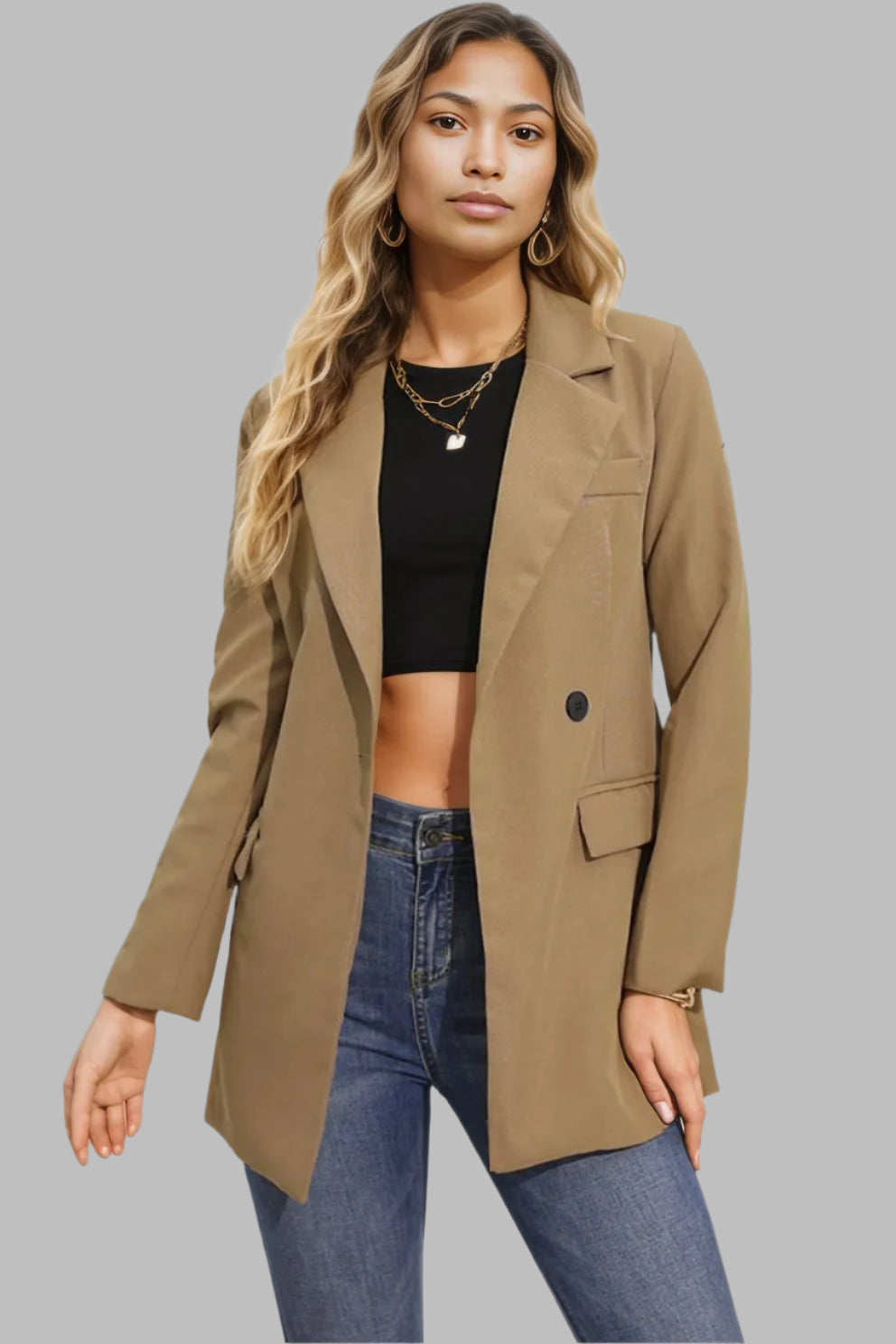 Lapel Neck Long Sleeve Blazer with Pockets Tan