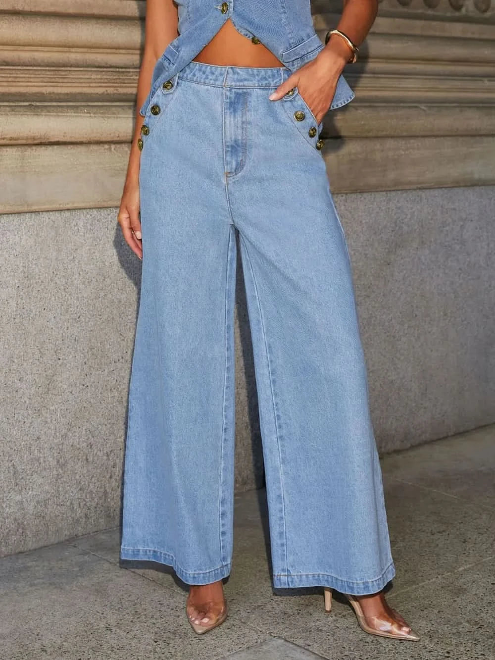 Button Decor High Rise Wide Leg Jeans Light