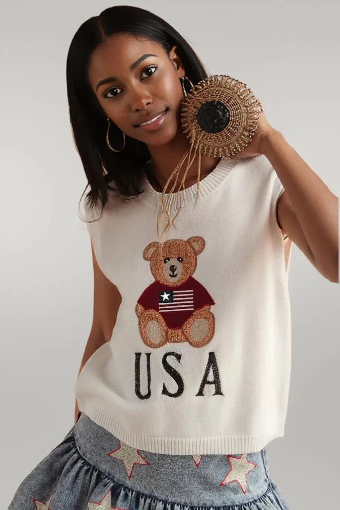 SO ME Teddy Bear Wearing An American Flag With Usa Embroidered Sweater Vest