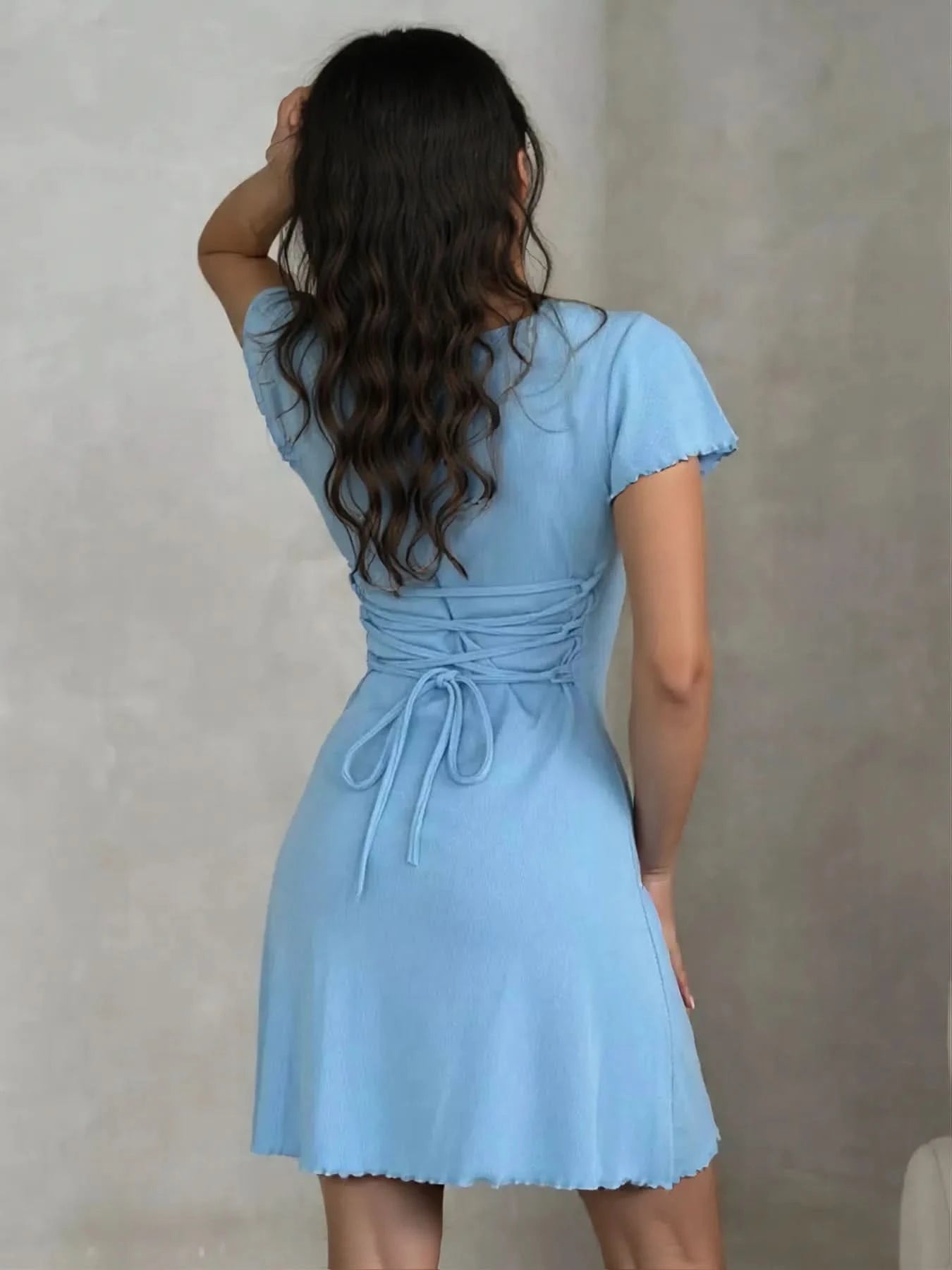 Ribbed Back Lace Up Short Sleeve Mini Dress